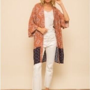 267- Hem & Thread NWOT Blue & Orange Cardigan, Size S/M, Rayon. Pit to pit 23”